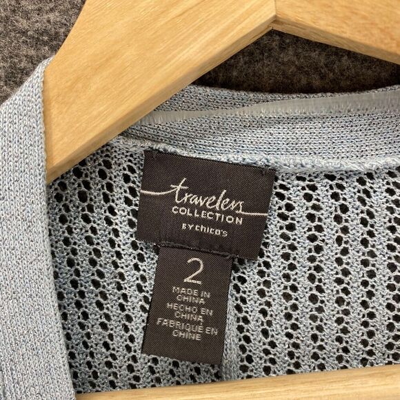 Chico's Top Women 2 Blue Crochet Travelers Open Front 3/4 Sleeve Pockets Rayon - Picture 5 of 9